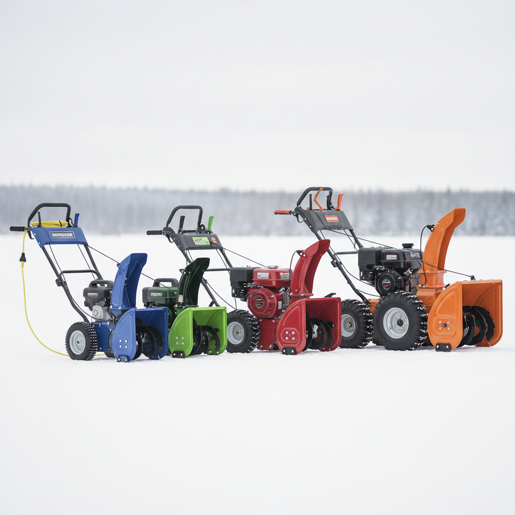 Four different types of snowblowers of increasing size arranged in a row on snow