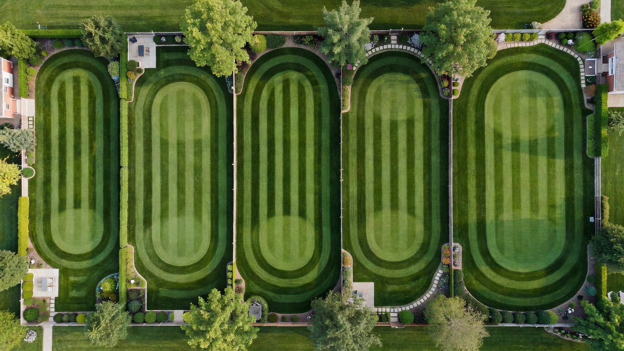Aerial view comparing residential lawn sizes from small urban yard to one-acre lot