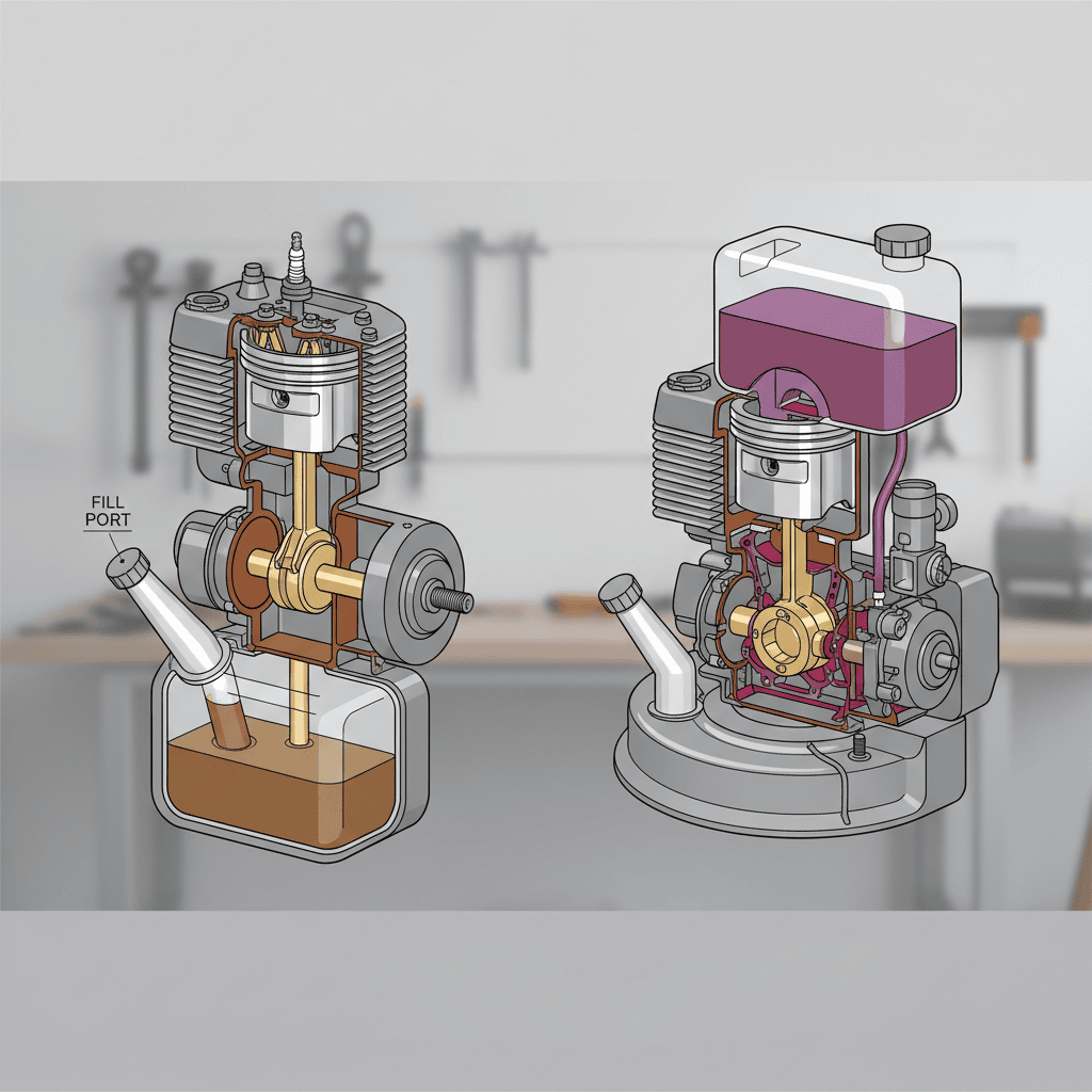 Cutaway diagrams comparing a four-stroke and a two-stroke lawn mower engine.
