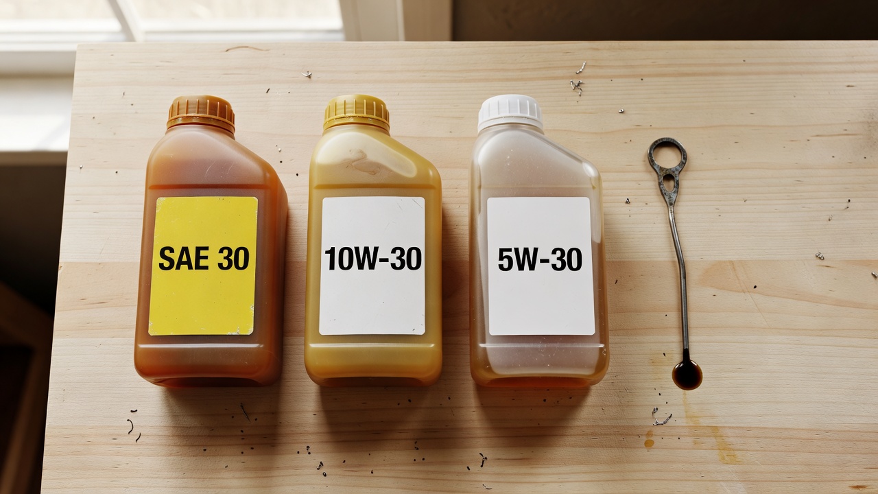Three motor oil bottles next to a lawn mower dipstick on a workshop workbench
