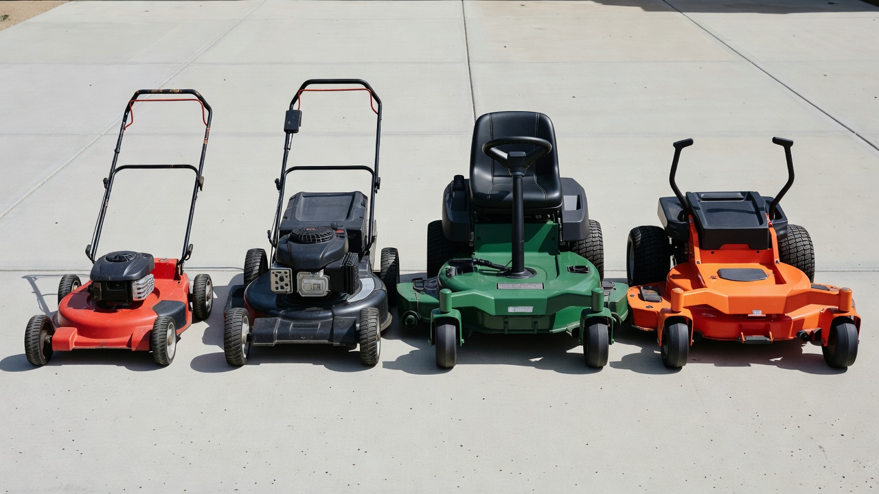 Four types of lawn mowers side by side showing size differences from push mower to zero-turn