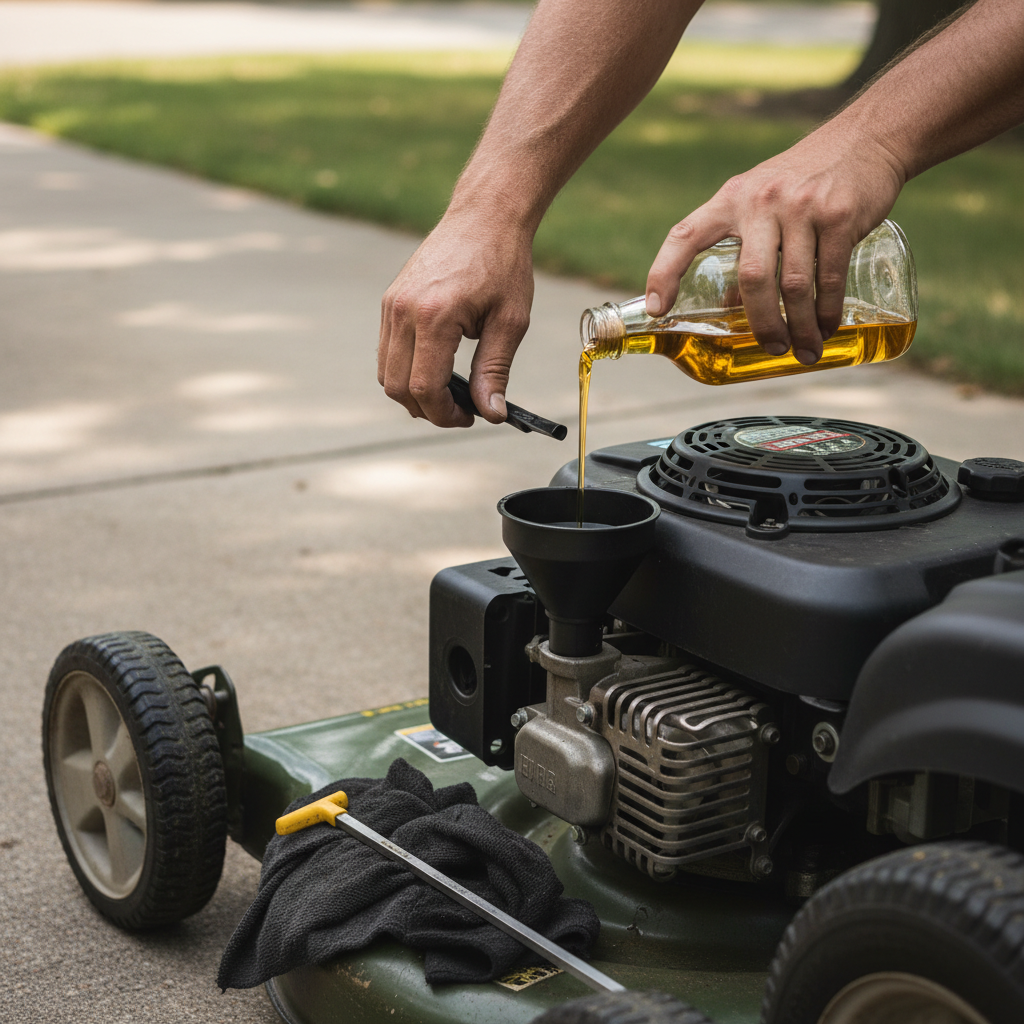 How Much Oil Does A Riding Lawn Mower Take (2026) Slowly adding engine oil to a riding lawn mower engine to keep the correct level