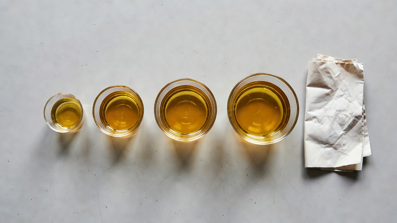 Four measuring cups filled with different amounts of motor oil arranged from smallest to largest volume on a workbench