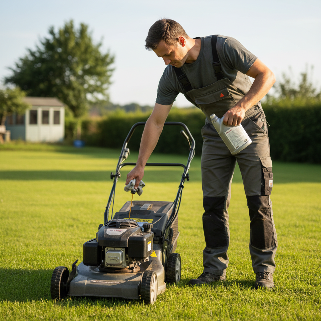 How Much Oil Does A Honda Lawn Mower Take (2026) Checking a lawn mower dipstick on level ground before adding oil