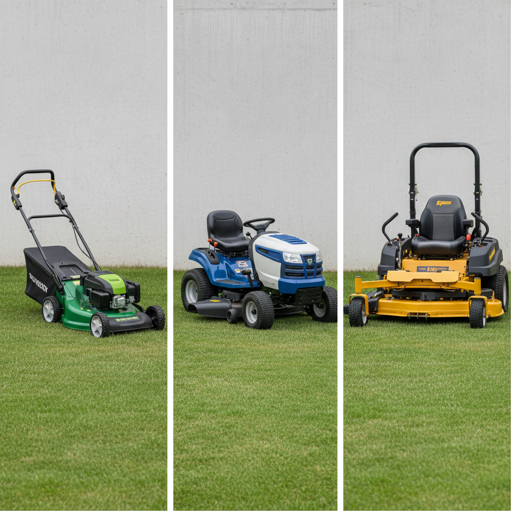 Three types of lawn mowers showing size comparison