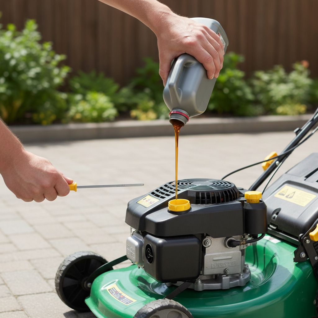 Adding oil slowly to a level lawn mower and rechecking with a dipstick
