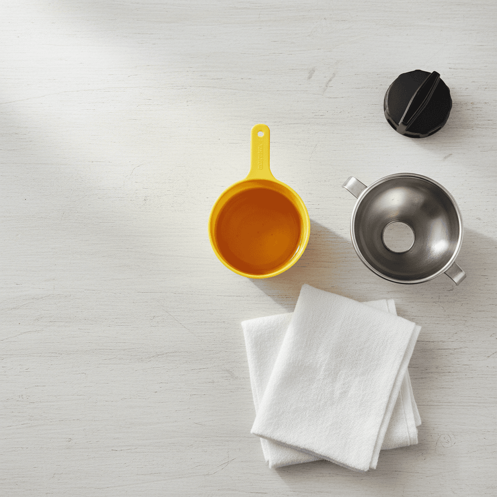 Golden motor oil in a small measuring cup with a funnel on a wooden workbench