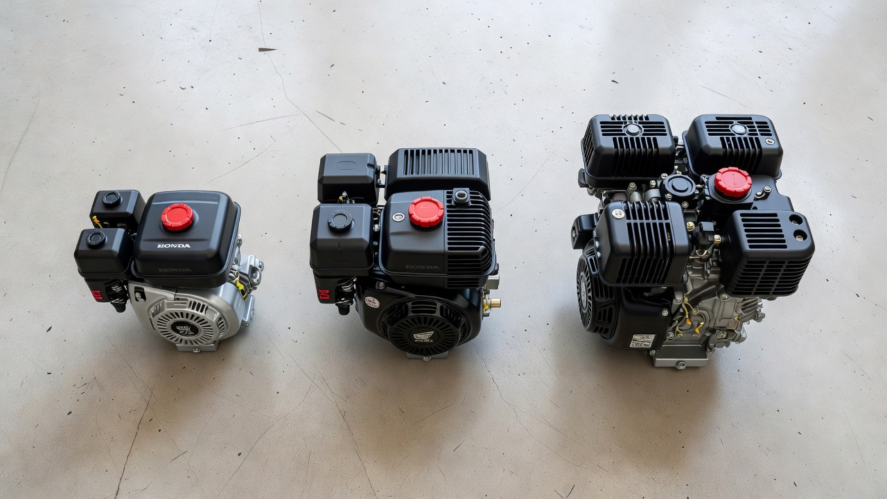 Three Honda lawn mower engines of different sizes showing varying oil capacity scale