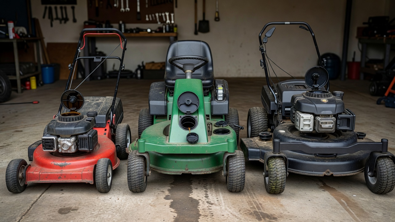 How Much Oil Goes Into a Lawn Mower? (Capacities by Mower Type) Walk-behind, riding, and zero-turn mowers with oil fill caps open, shown side by side for size comparison