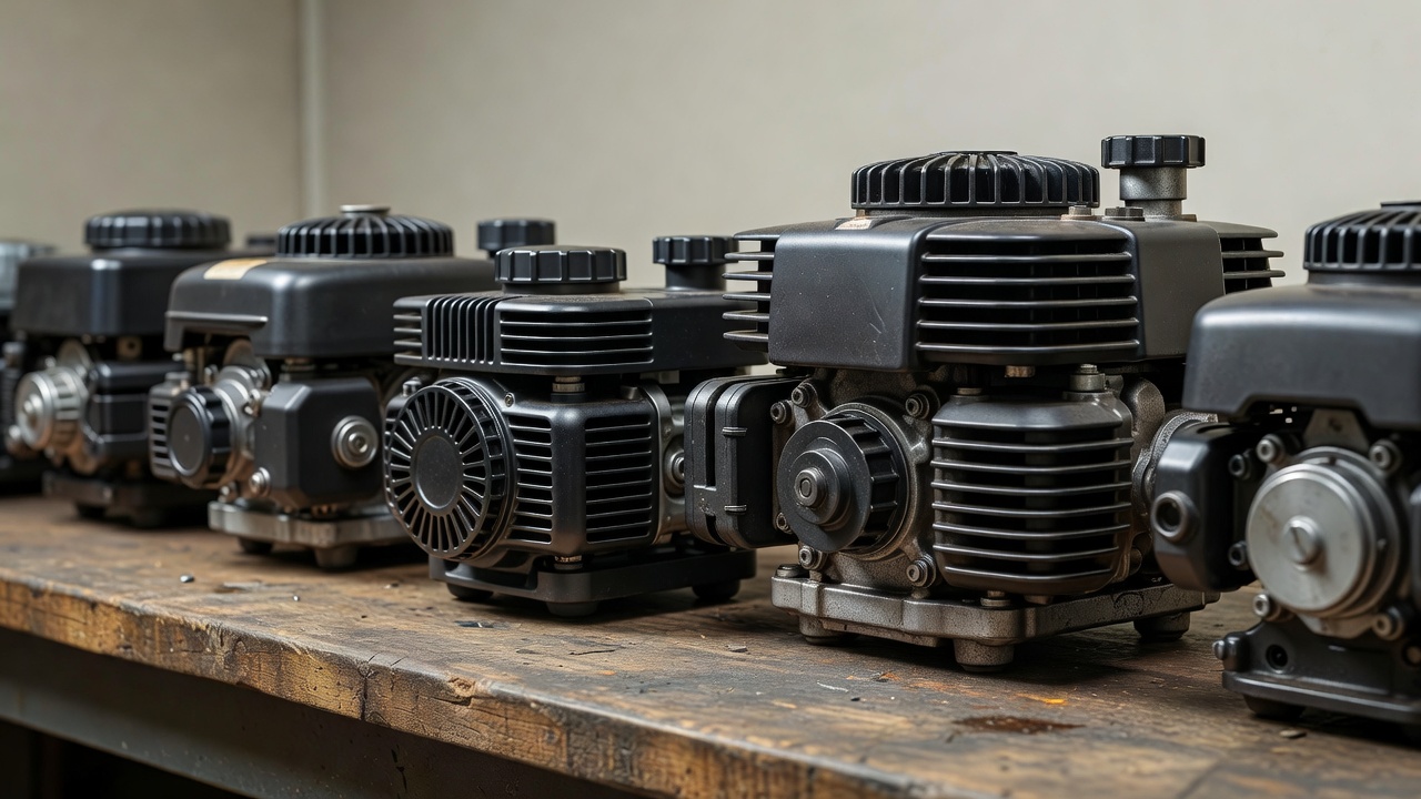 Multiple Honda-style small lawn mower engines on a workbench showing different engine sizes