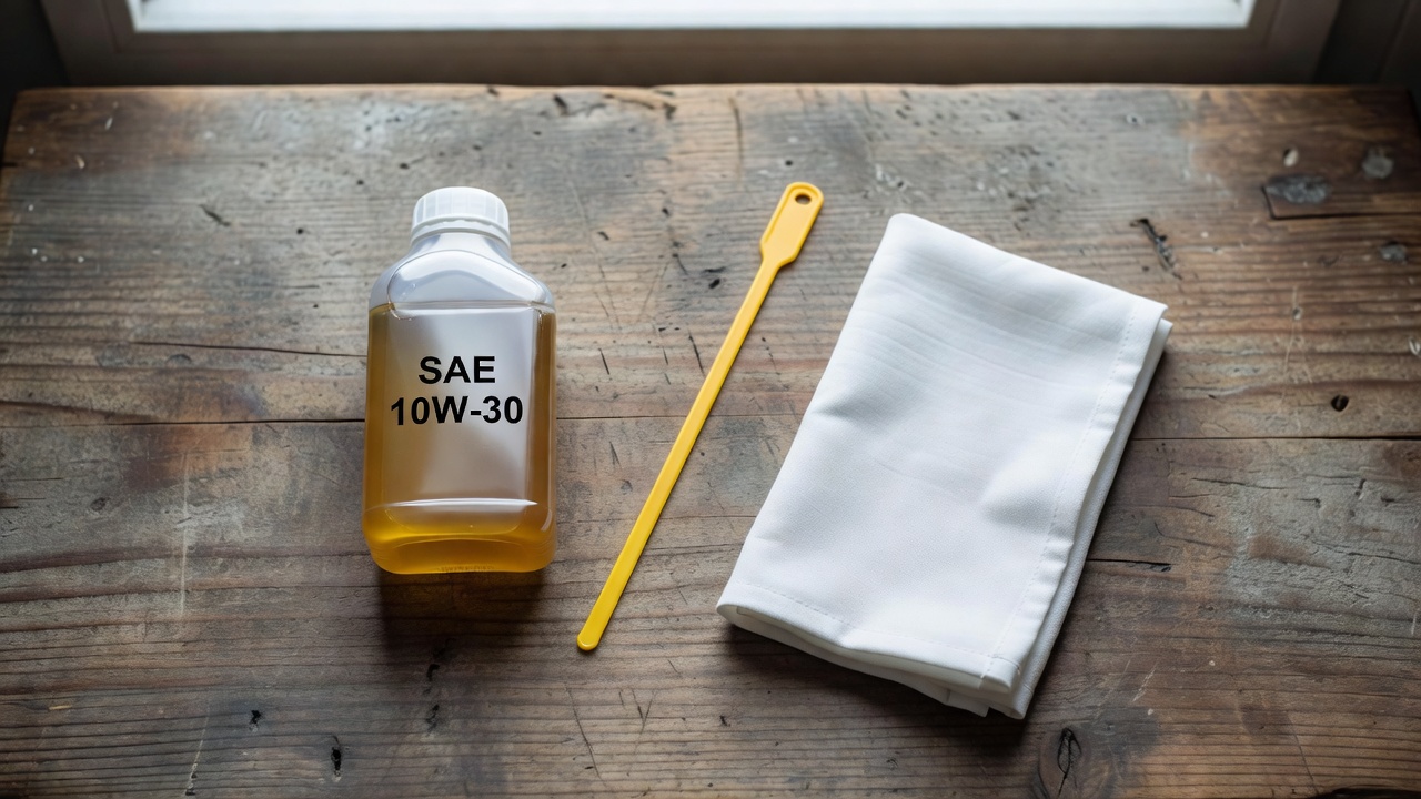 How Much Oil Does a Honda Lawn Mower Take? (Capacity by Engine Model) SAE 10W-30 oil bottle, dipstick, and cloth on a wooden workbench for lawn mower oil reference