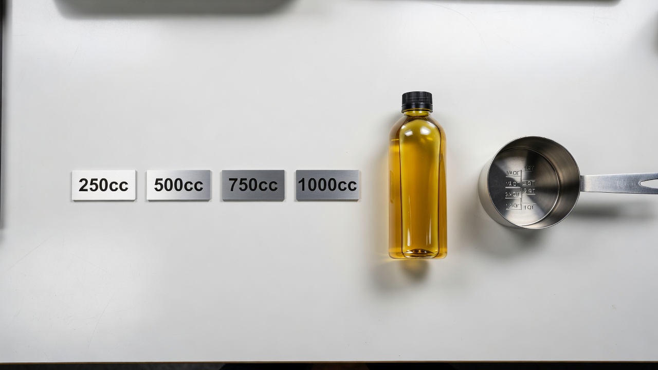How Much Oil Does a Honda Lawn Mower Take? (By Engine Model) Engine displacement markers and motor oil measurement tools arranged on a workbench
