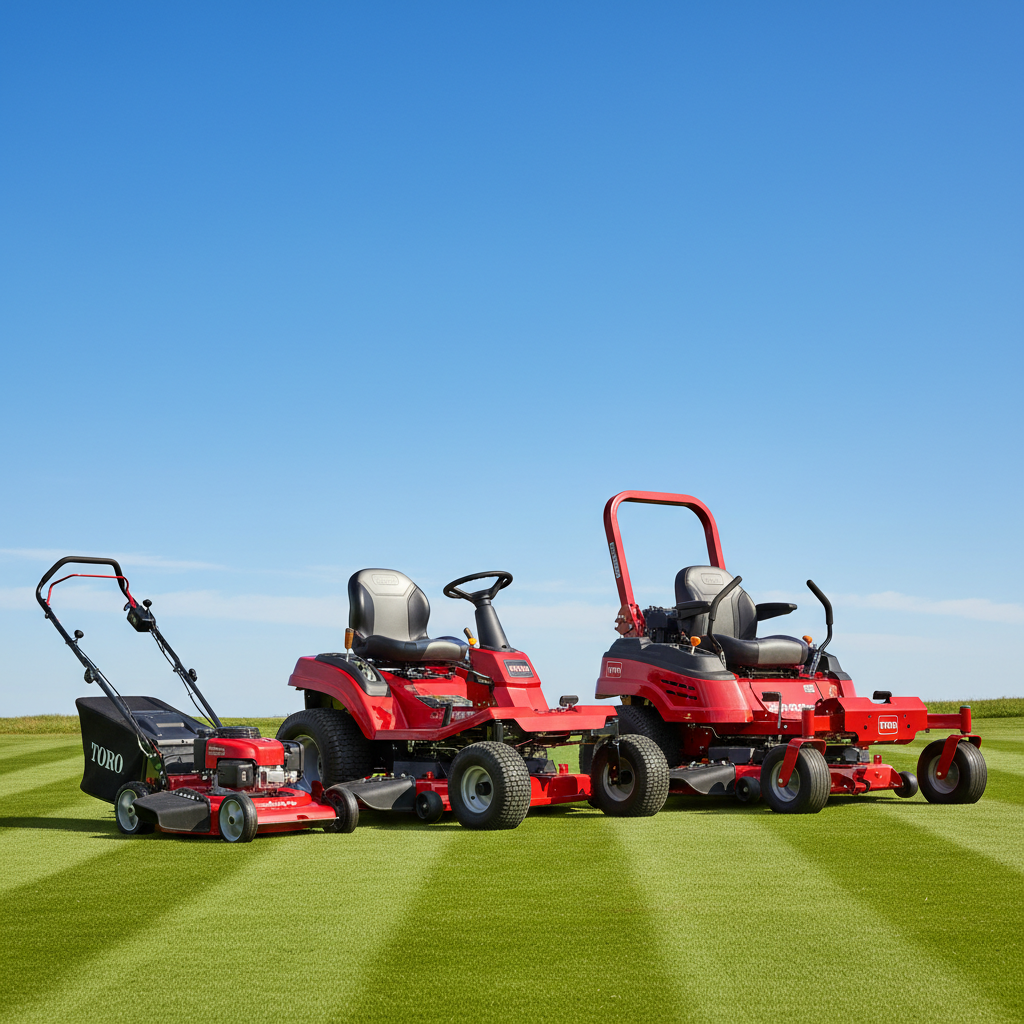Three types of Toro mowers: walk-behind, riding, and zero-turn radius models