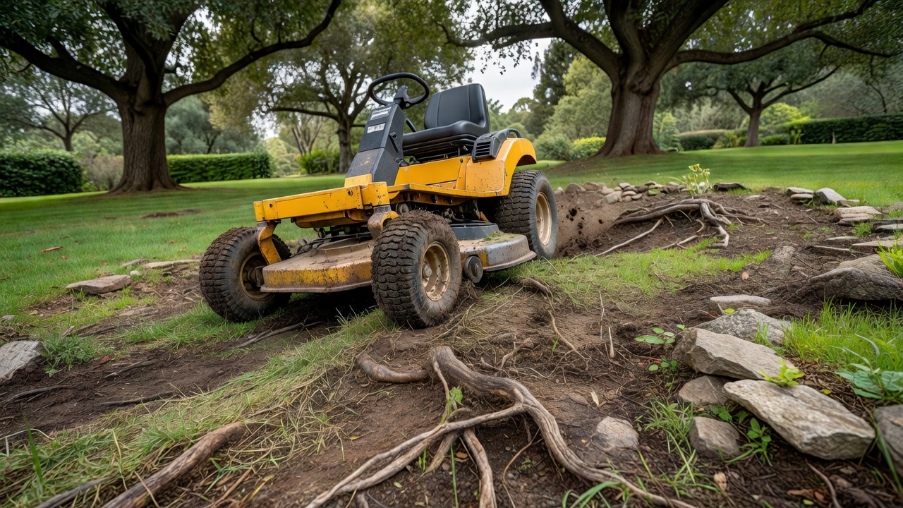 How Much Should You Charge for Lawn Mowing? Pricing Guide & Rate Calculator A professional lawn mower navigating around trees and garden beds.