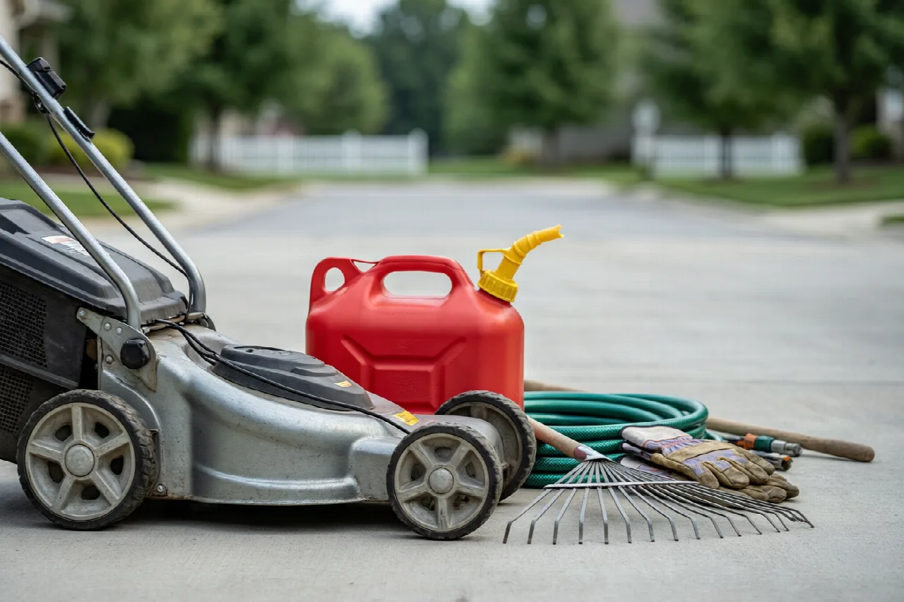 Lawn mower and equipment arranged on a driveway representing mowing costs
