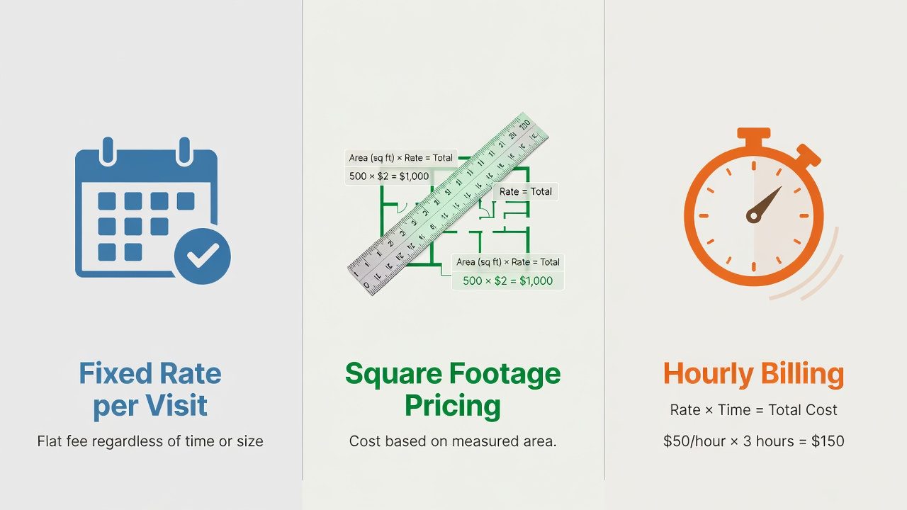 Understanding Lawn Mowing Pricing Models Visual comparison of three lawn mowing pricing models: flat-rate, square-footage, and hourly billing