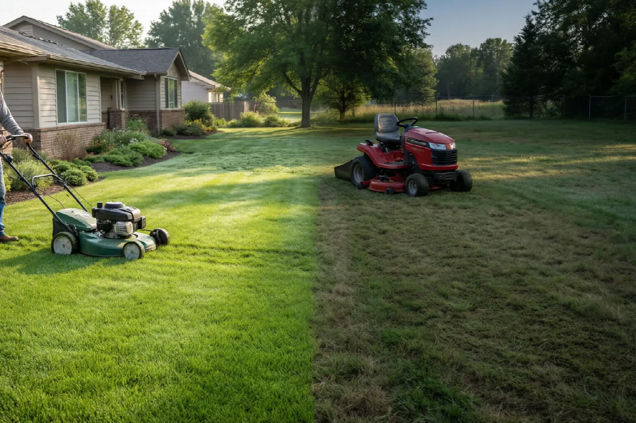 How Much Should I Pay for Lawn Mowing? Front lawn mowed with a walk-behind mower and backyard mowed with a riding mower