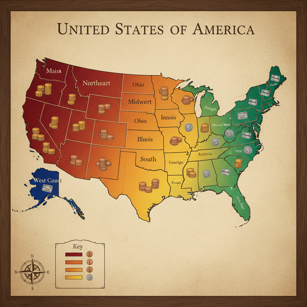 US map showing regional lawn mowing price variations across five areas