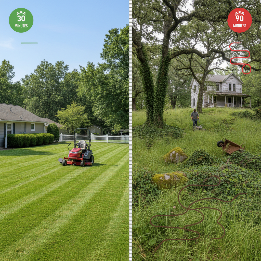 Comparison of simple vs. complex lawn mowing scenarios showing time and difficulty differences