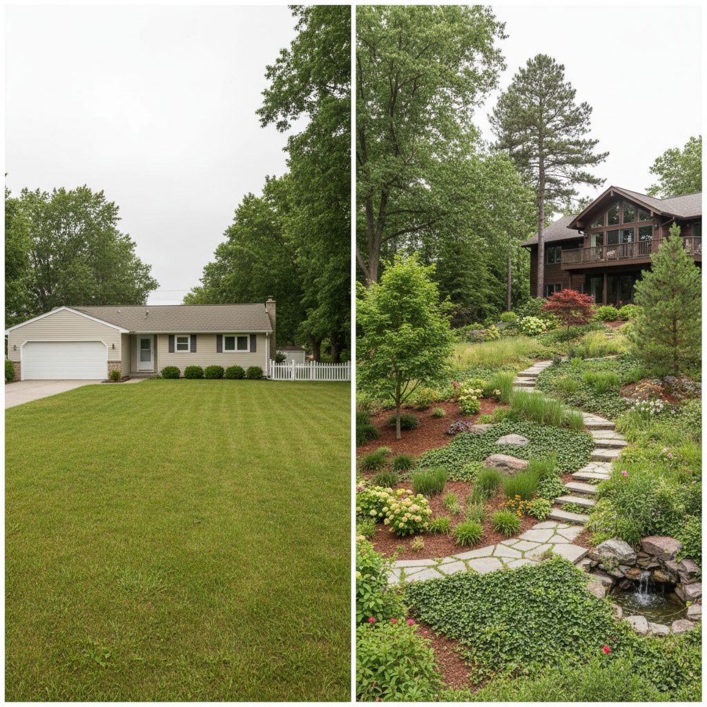 Comparison of simple flat lawn versus complex property with same square footage