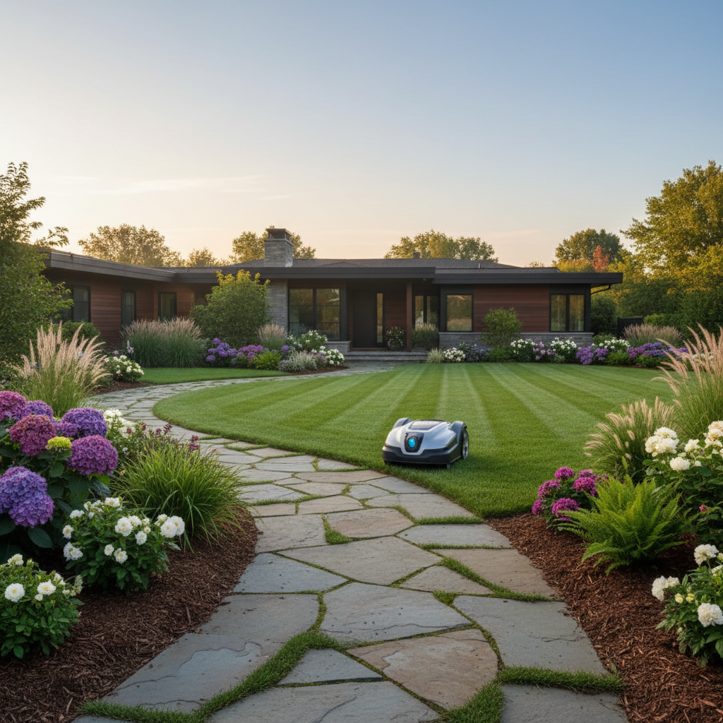 Manicured residential lawn with a lawn mower on freshly cut grass.