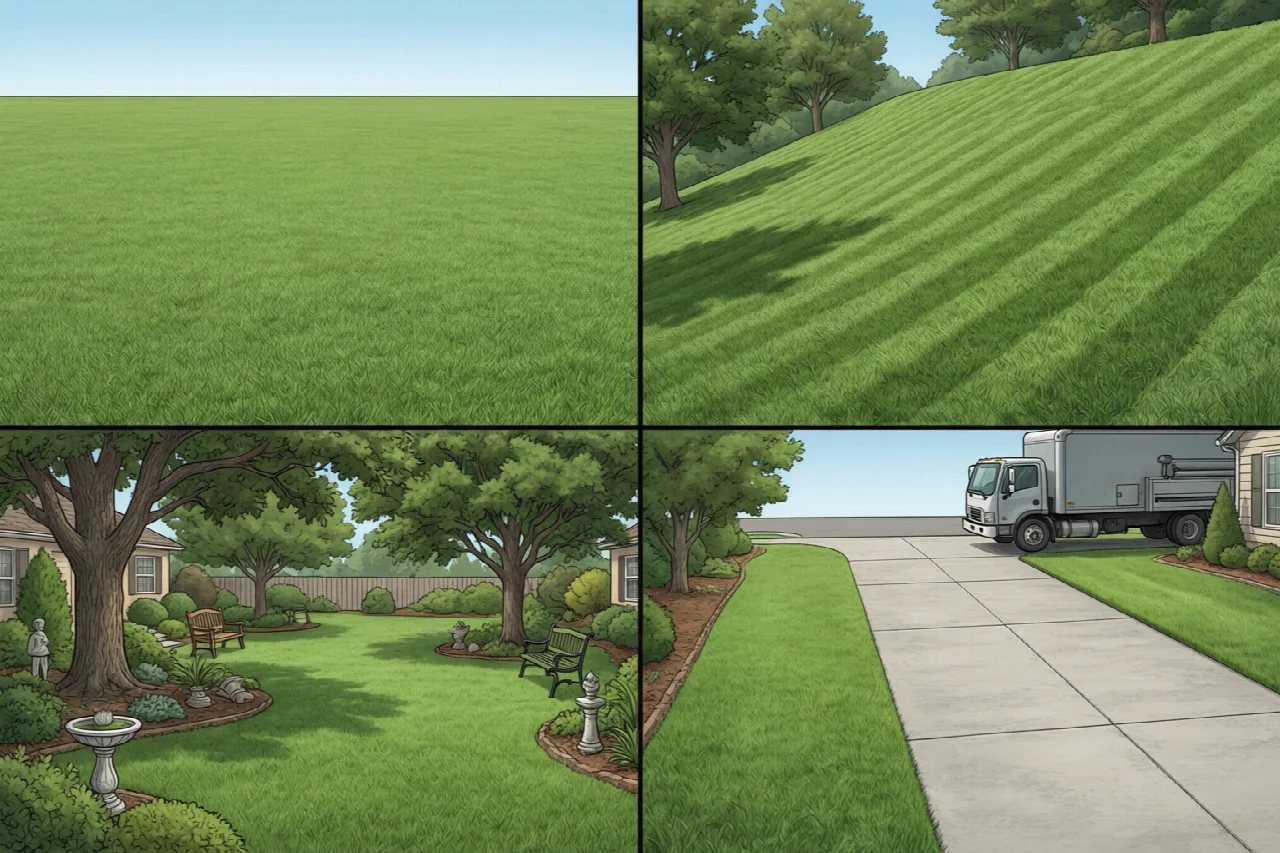 Factors affecting lawn mowing price include yard size, terrain, obstacles, and travel distance.