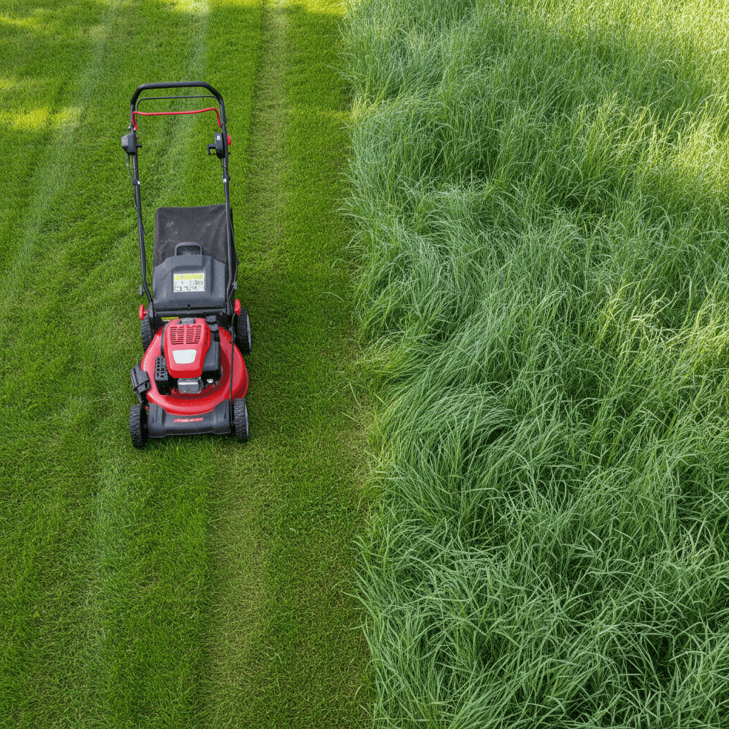 Lawn showing mowed versus unmowed grass sections with push mower