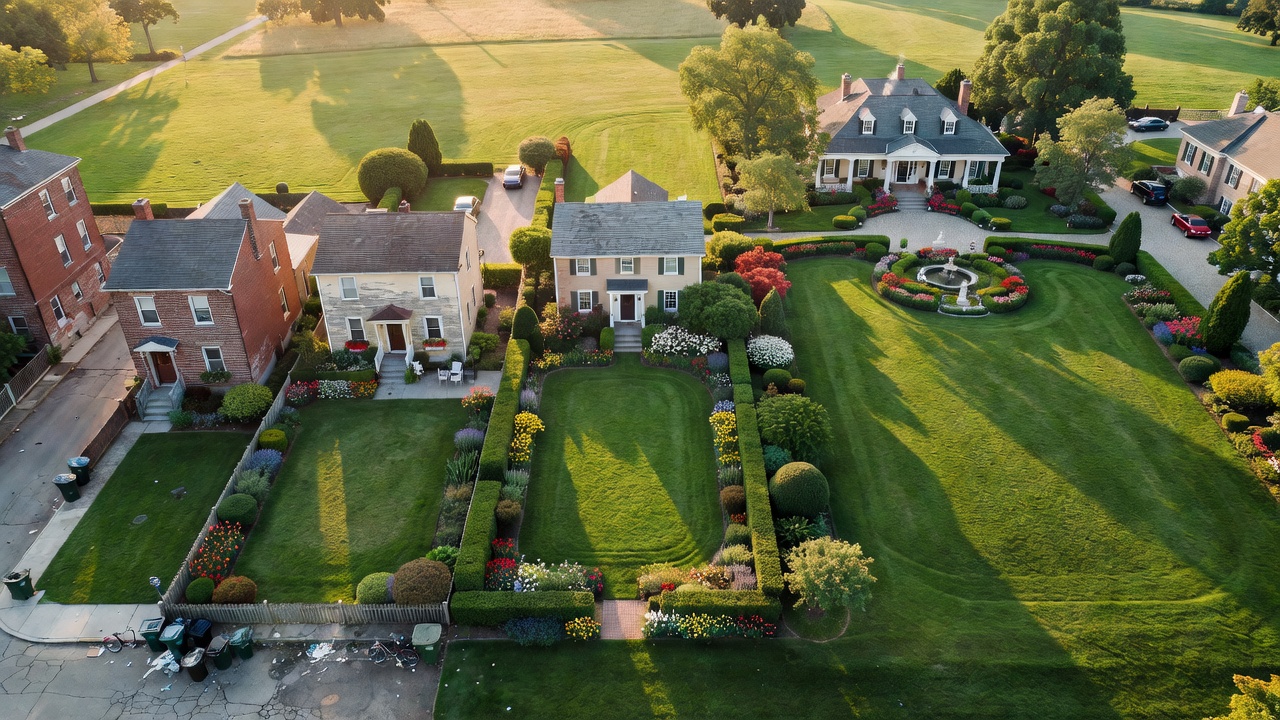 Aerial view showing four residential lawns ranging from small urban yard to large estate property