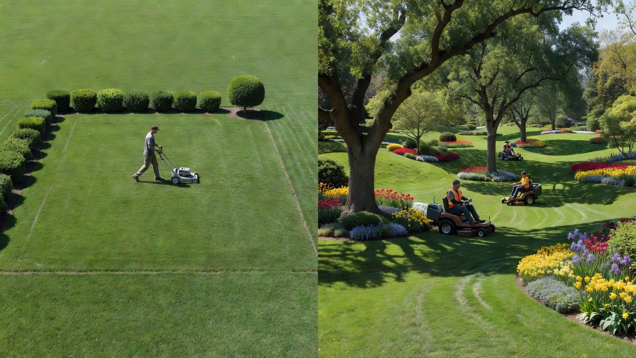 How Much Should You Pay for Lawn Mowing? (Typical Costs & Pricing Factors) Two neighboring lawns showing size and terrain differences that impact mowing cost