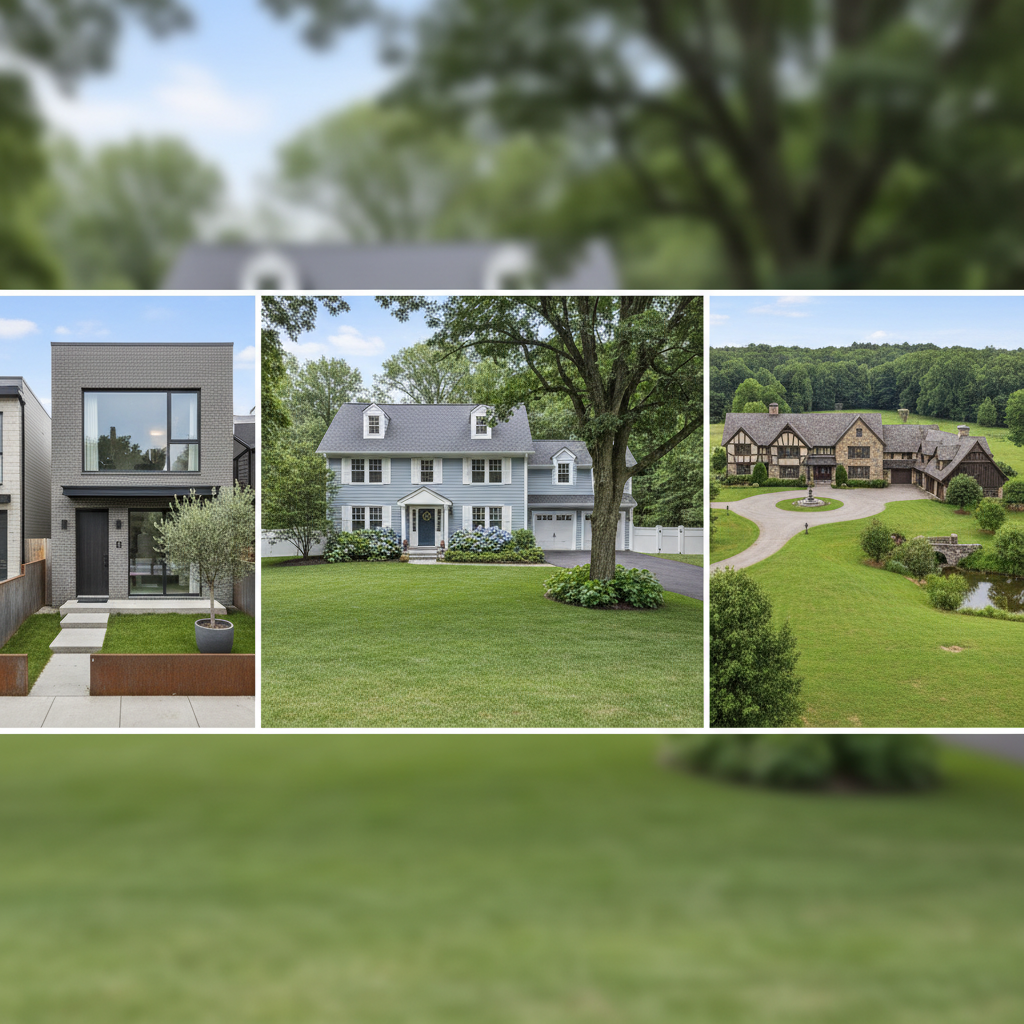 Comparison of three residential properties showing small, medium, and large lawn sizes