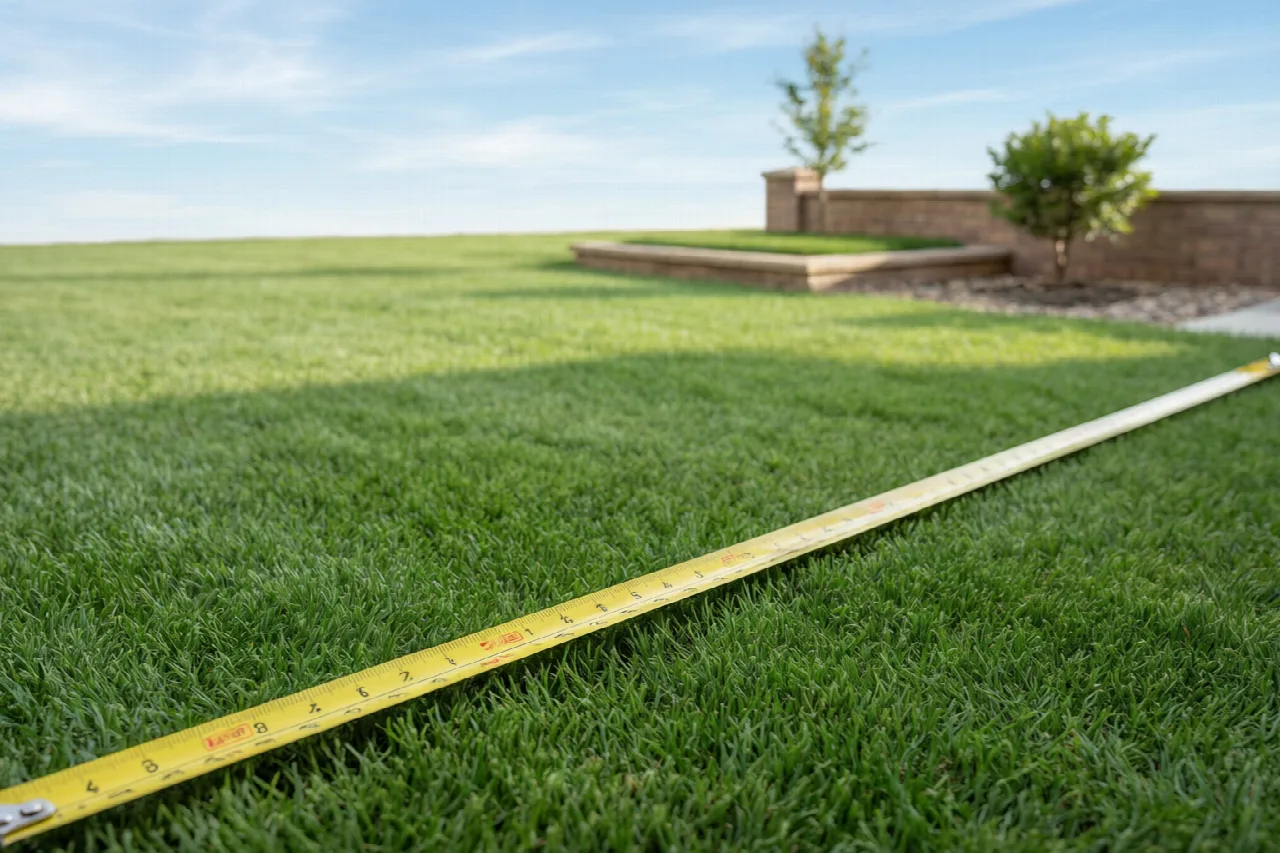Measuring tape laid across a suburban lawn to illustrate lawn size affecting mowing cost