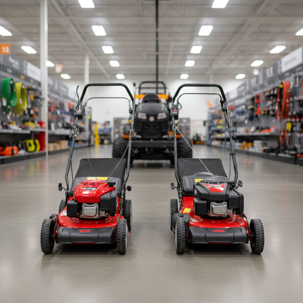 Two walk-behind lawn mowers of different sizes lined up in a store rental bay.