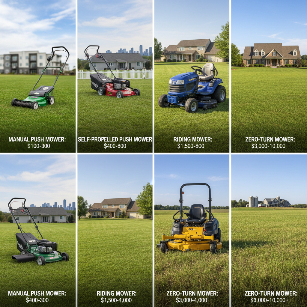 Four mower types arranged by size and cost, with urban and rural backgrounds