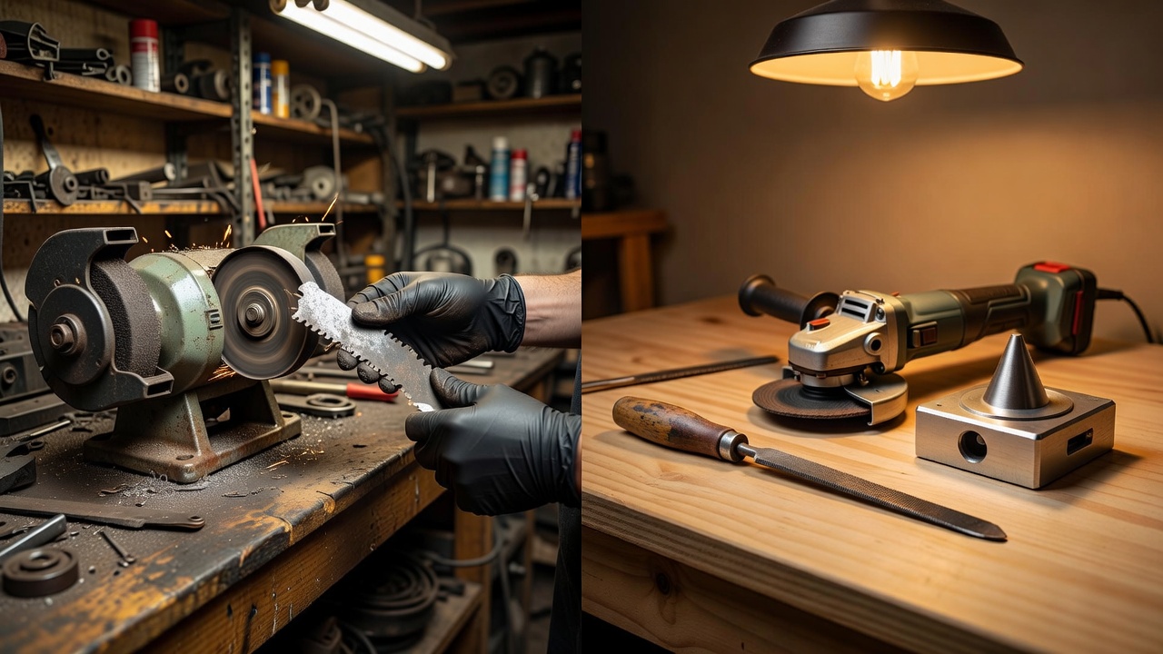 Professional technician sharpening a mower blade in a repair shop on the left, DIY sharpening tools arranged on a home workbench on the right