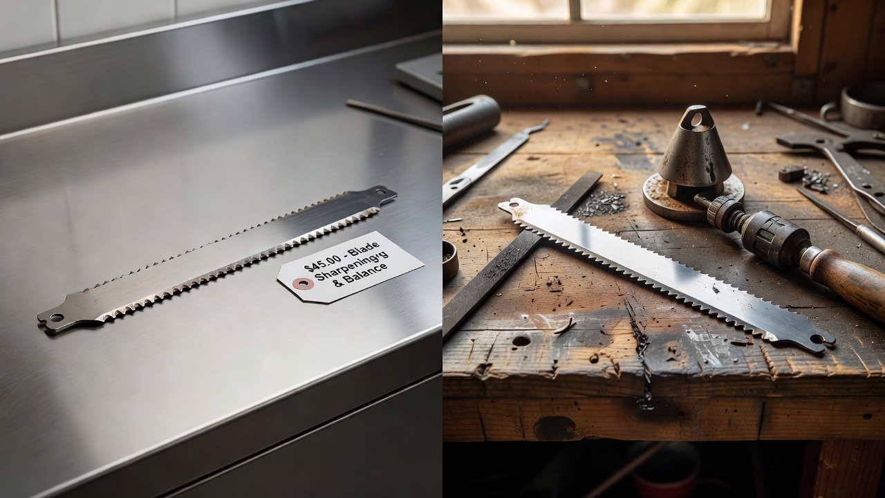 Side-by-side flat-lay of a mower blade at a shop counter versus a mower blade beside DIY sharpening tools on a garage workbench