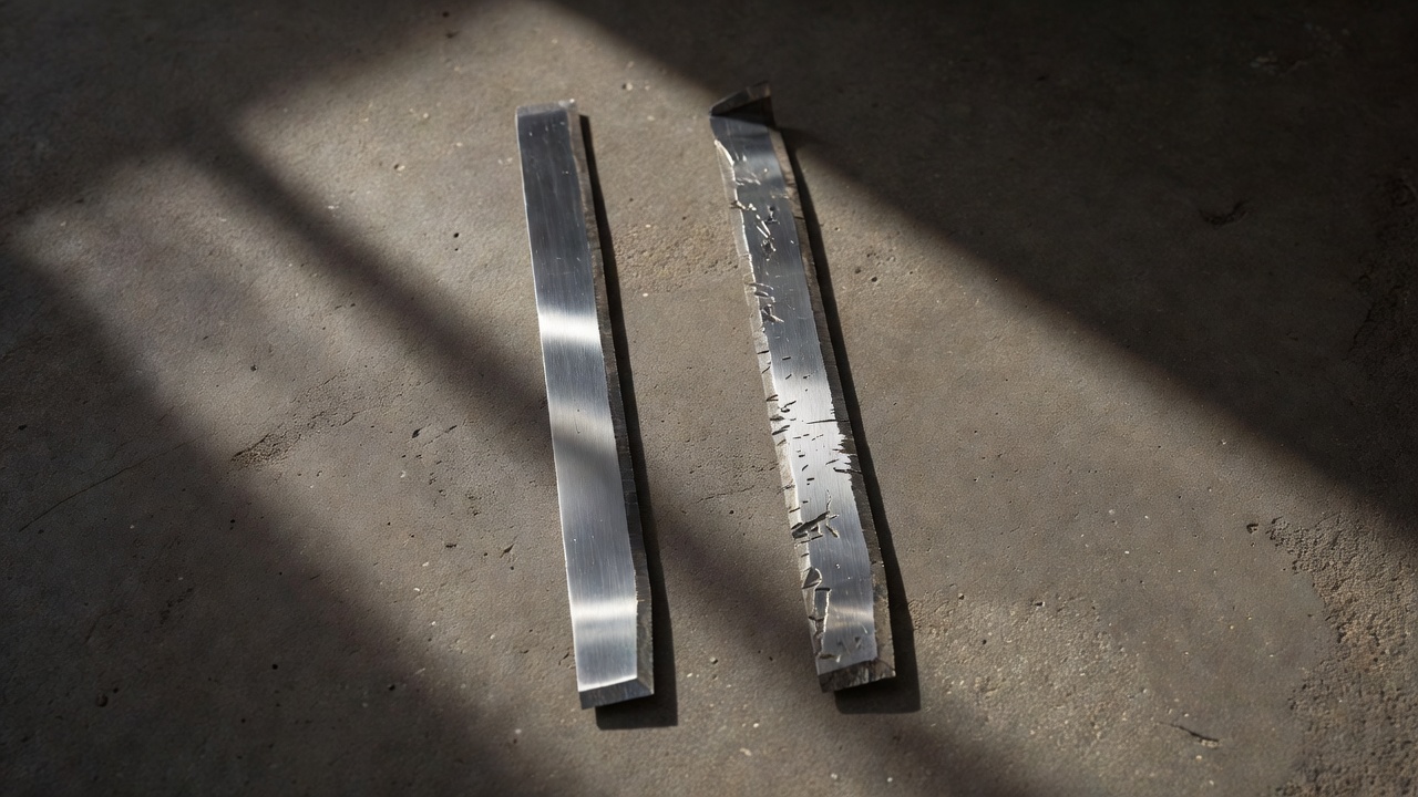 Two lawn mower blades side by side contrasting a sharp blade with a worn, damaged blade requiring replacement