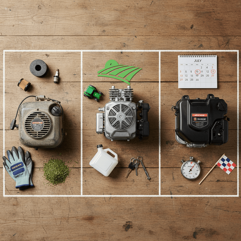 A flat-lay of different lawn mower engines and maintenance items illustrating factors like usage intensity and mower type.