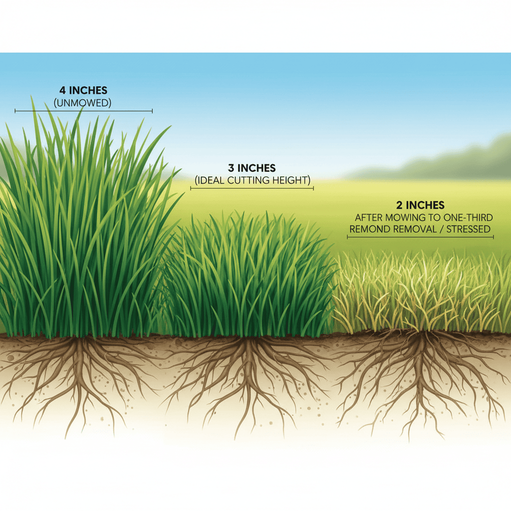 Side-by-side comparison of grass blade heights showing the 1-inch rule: 4 inches unmowed, 3 inches ideal, and 2 inches after proper cutting