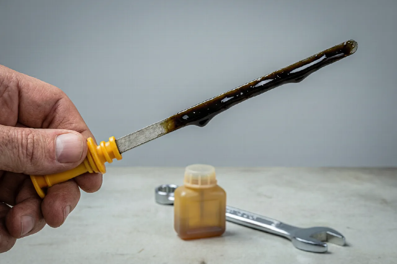 How Often Should You Change the Oil in a Lawn Mower? Hand holding a dipstick with dark oil that needs changing