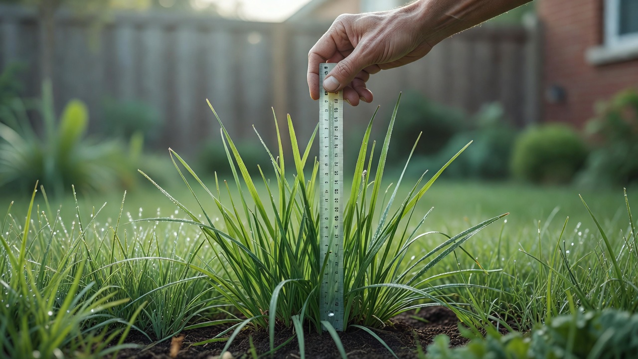 A hand measuring grass height with a ruler to demonstrate the one-third rule.