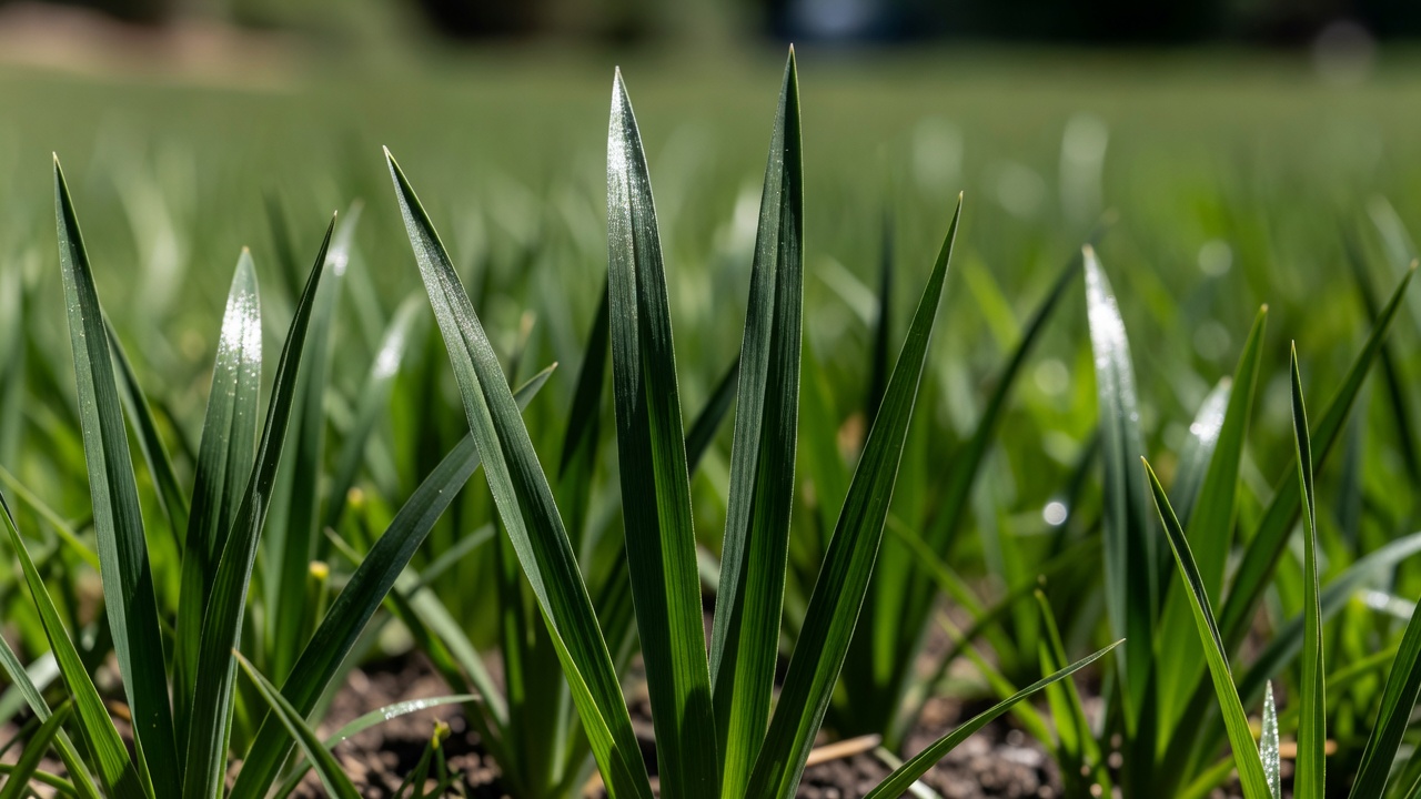 Close-up macro view of upright grass blades illustrating blade height before mowing