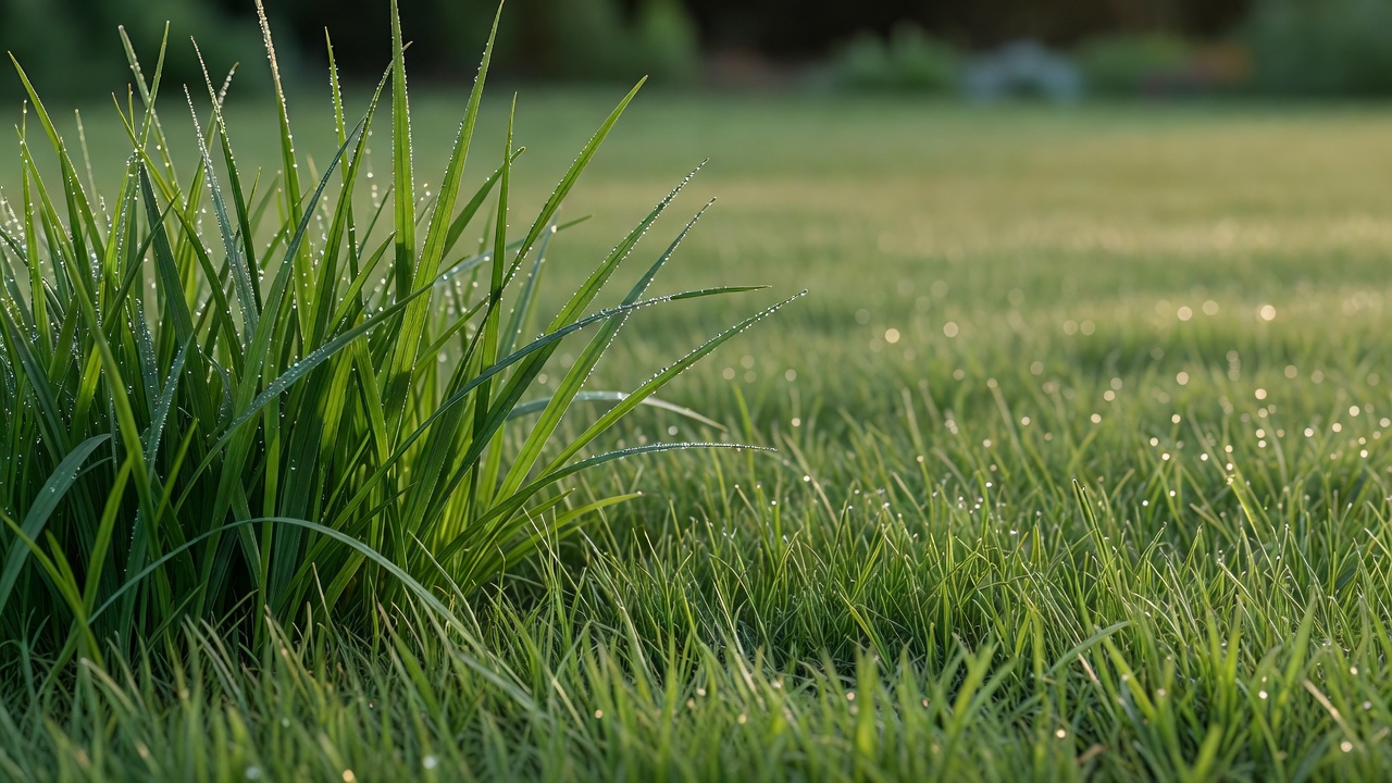 Close-up of tall uncut grass blades beside shorter freshly mowed grass showing a height contrast