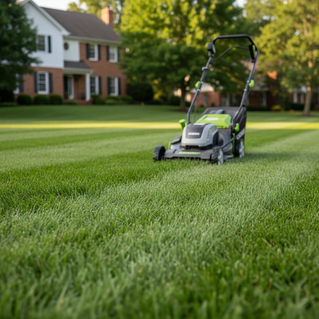 Healthy green lawn being mowed in a clean striped pattern on a sunny morning