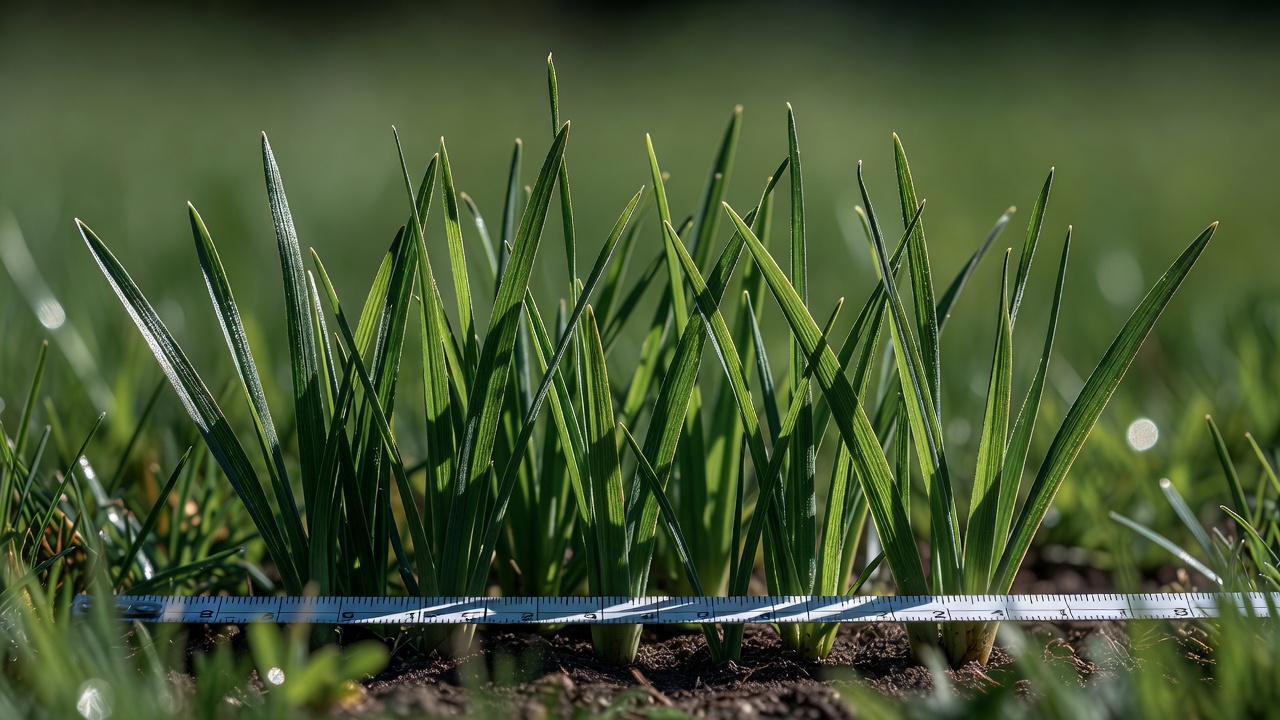 Close-up of grass blades with a ruler measuring height to illustrate the one-third mowing rule