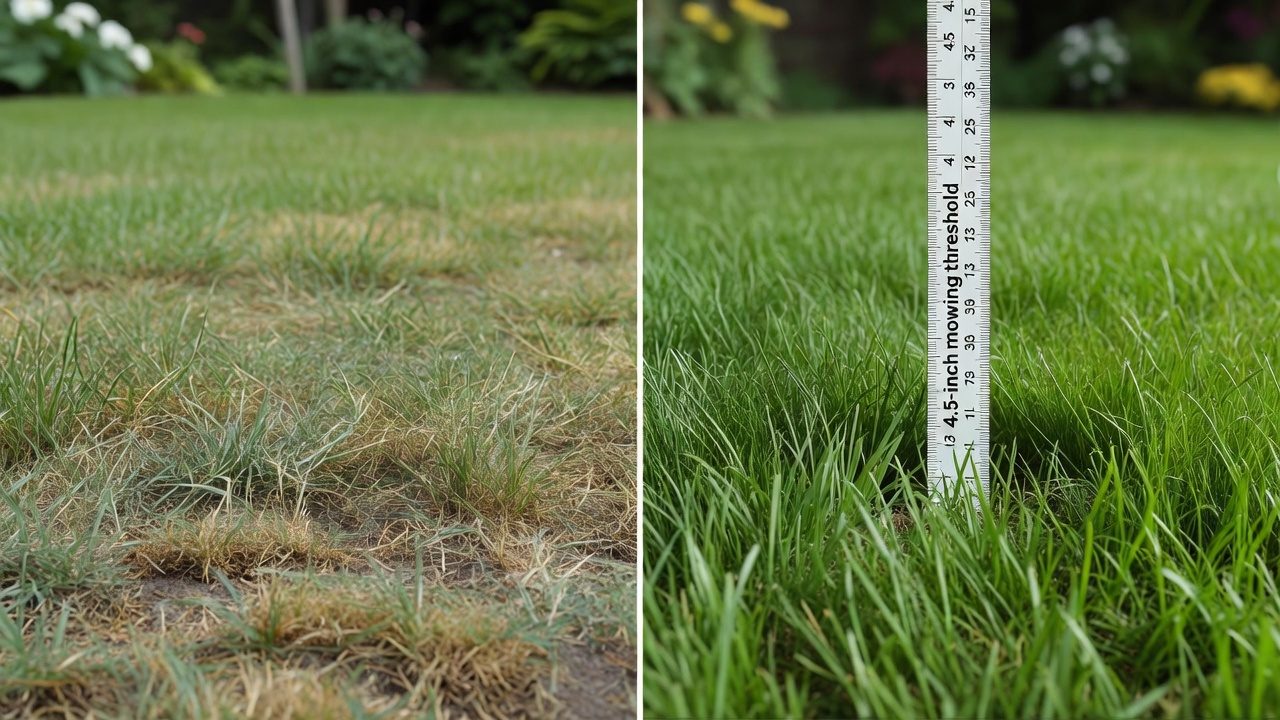 Side-by-side comparison of improper scalped lawn versus healthy lawn following one-third rule