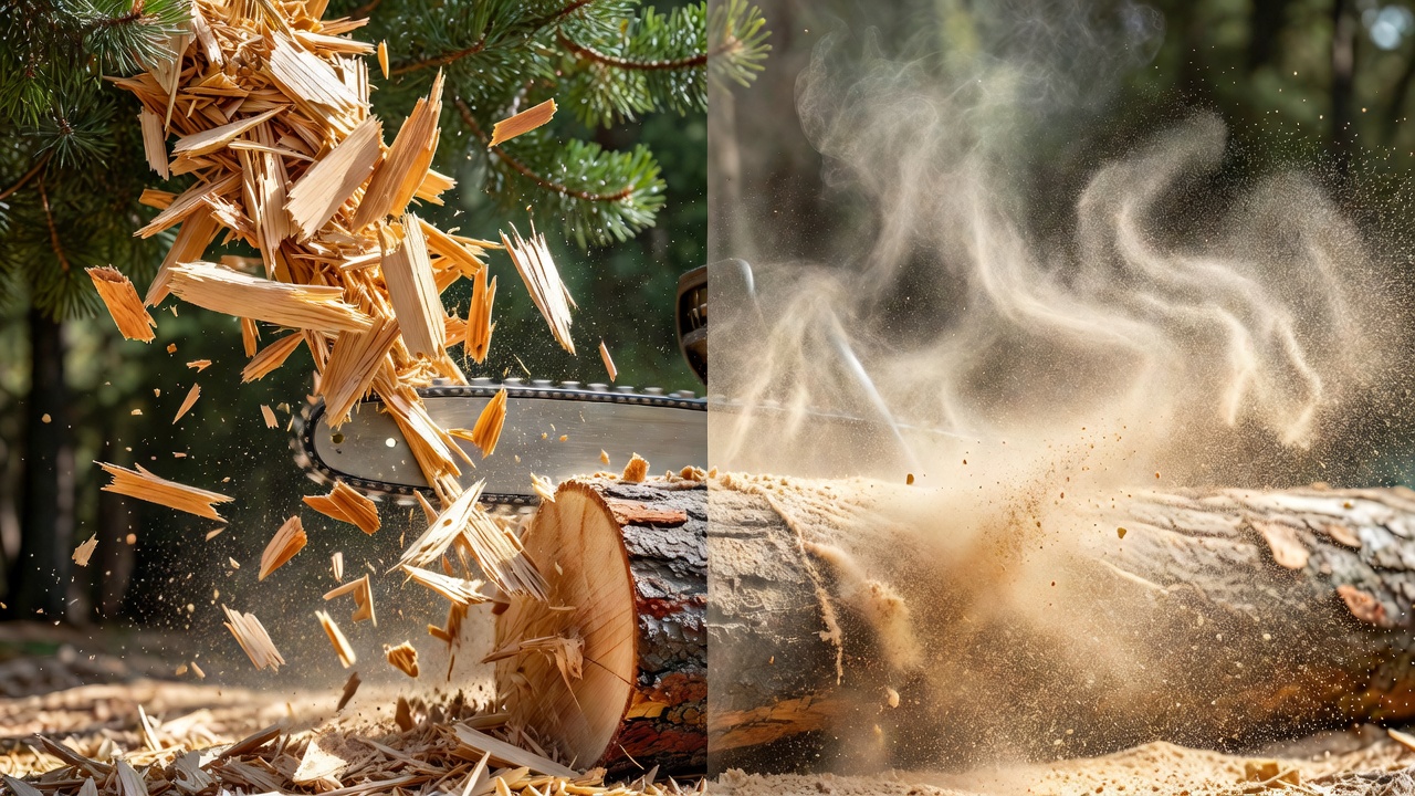 How Often Should You Sharpen a Chainsaw Chain? (Signs, Factors & Maintenance Guide) Comparison of wood chips from a sharp chainsaw chain versus fine sawdust from a dull chain