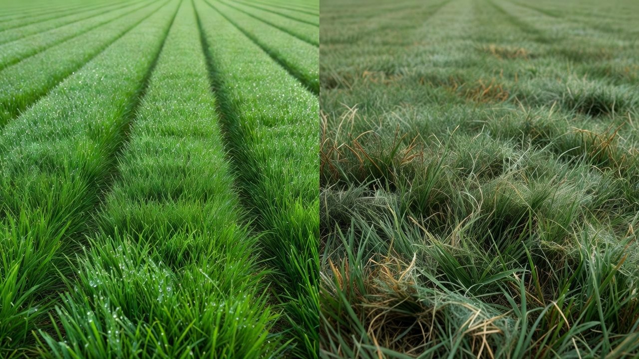 Side-by-side comparison of cleanly cut grass versus torn grass from dull blades