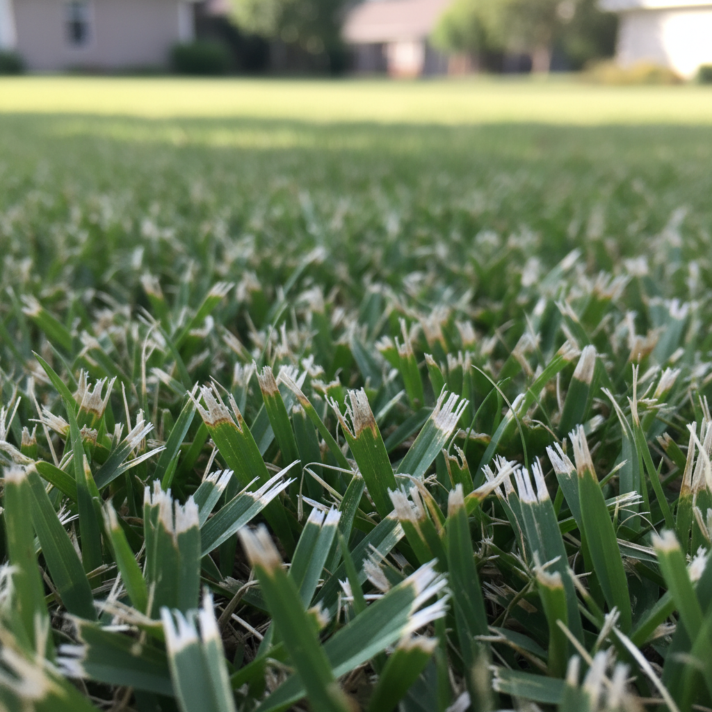 Close-up of frayed, ragged grass tips after mowing