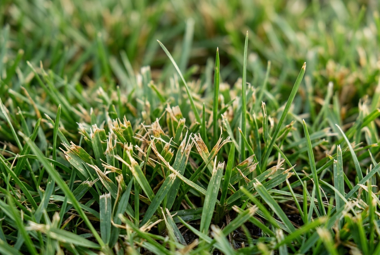 Close-up of lawn grass with ragged, torn tips after mowing