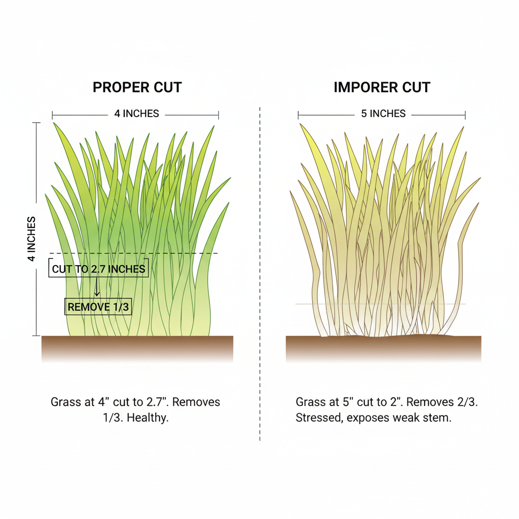 Visual comparison of correct 1/3 rule mowing versus incorrect over-cutting of grass